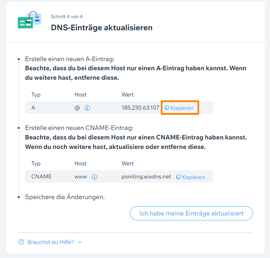 WIX DNS kopieren