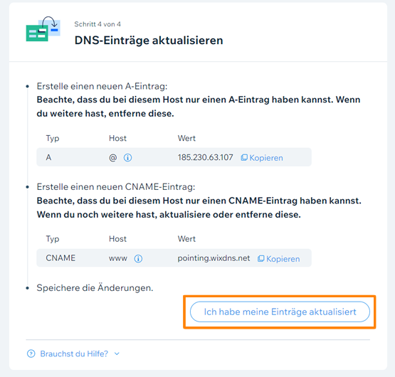 WIX DNS aktualisiert